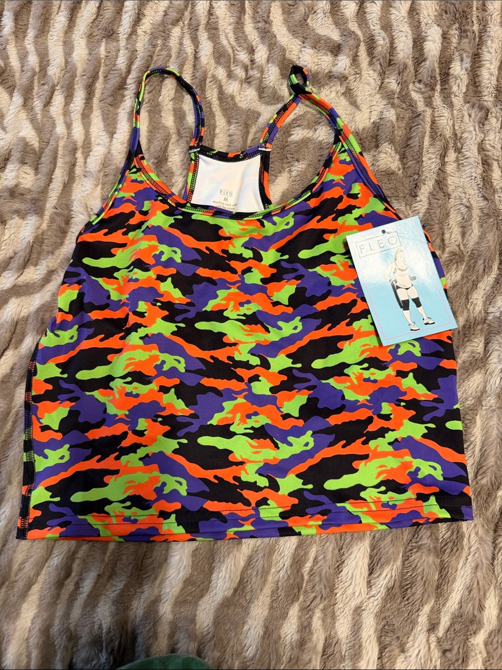 FLEO Neon Camo Kids Swim Tankini Top - Purple/Orange/Green